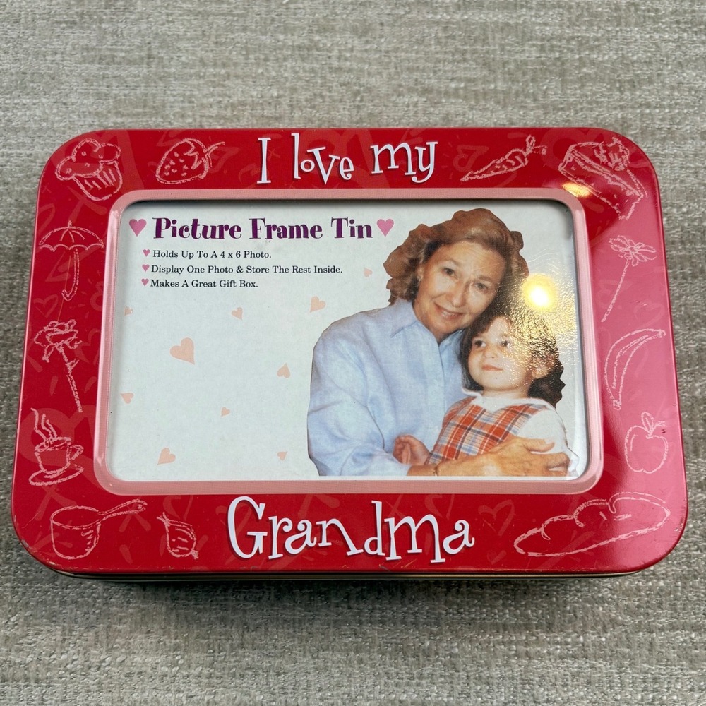 VTG I Love My Grandma Picture Frame Tin Red Metal Storage Box 4x6 Photo EUC Gift